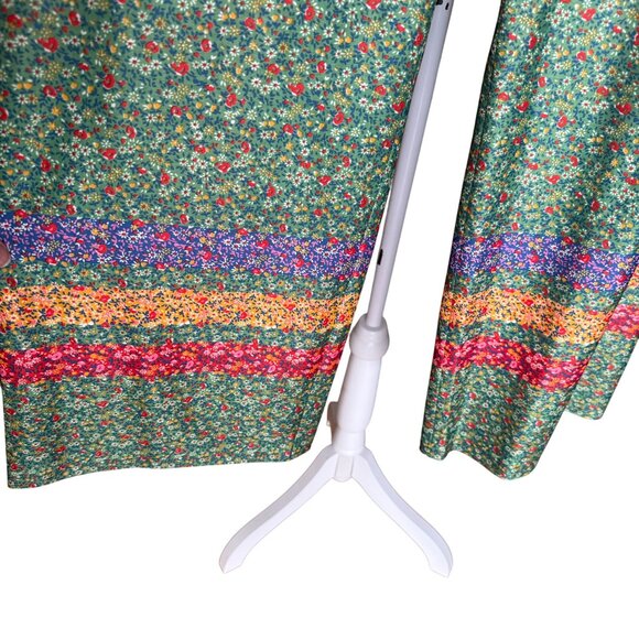 Vintage High-Waisted Green Floral Pants With Rainbow Striped Hem & Side Zipper - Picture 3 of 4